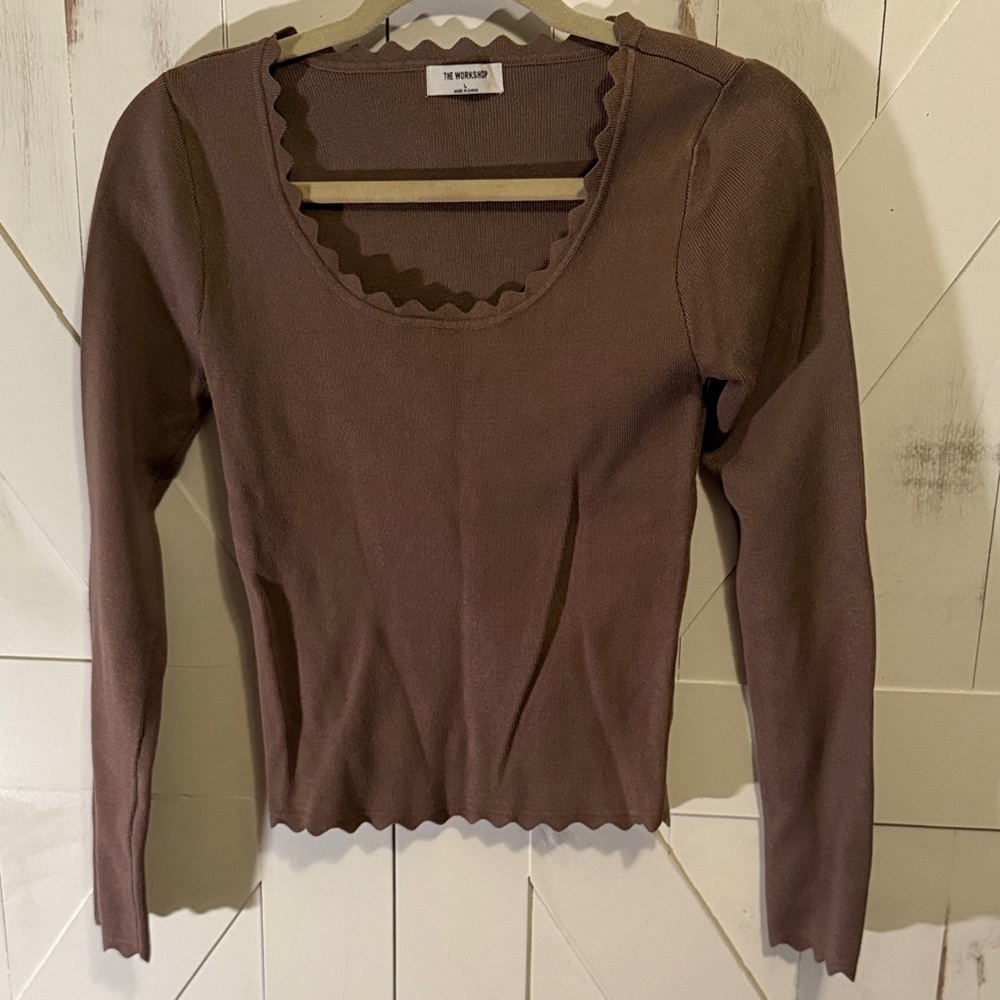 The Workshop Scalloped Ribbed Long Sleeve Sweater Top